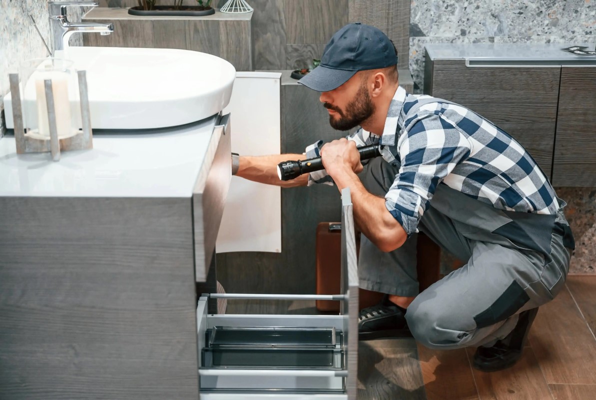 Handwerker untersucht eine Rohrverunreinigung für den Kunden in Not